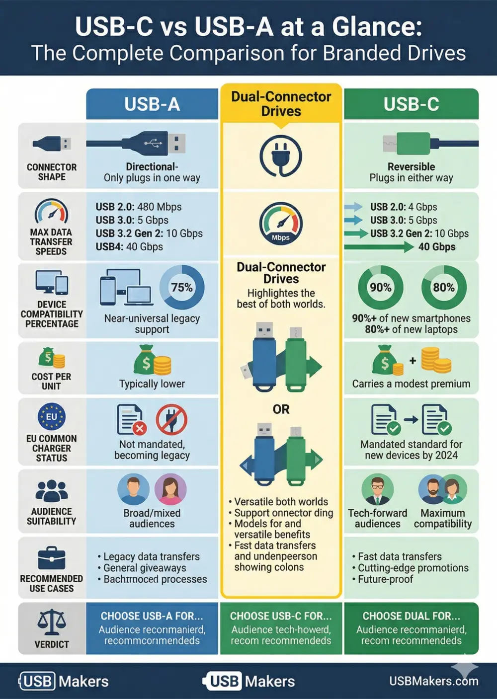 Infographic: USB-C versus USB-A at a glance, the comparison for branded drives
