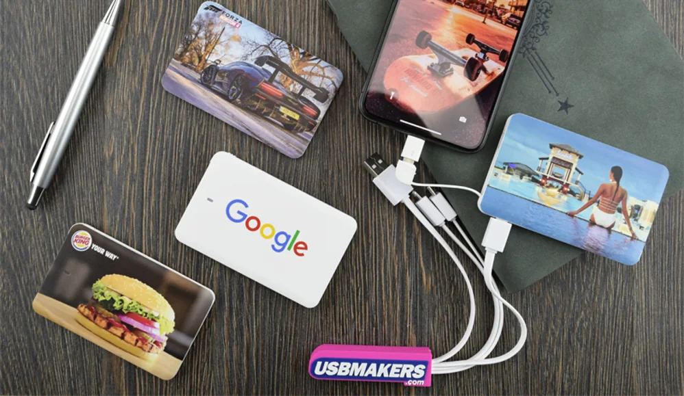 Full-colour printed credit card USB drives and power banks with a USB Makers branded 3-in-1 charging cable