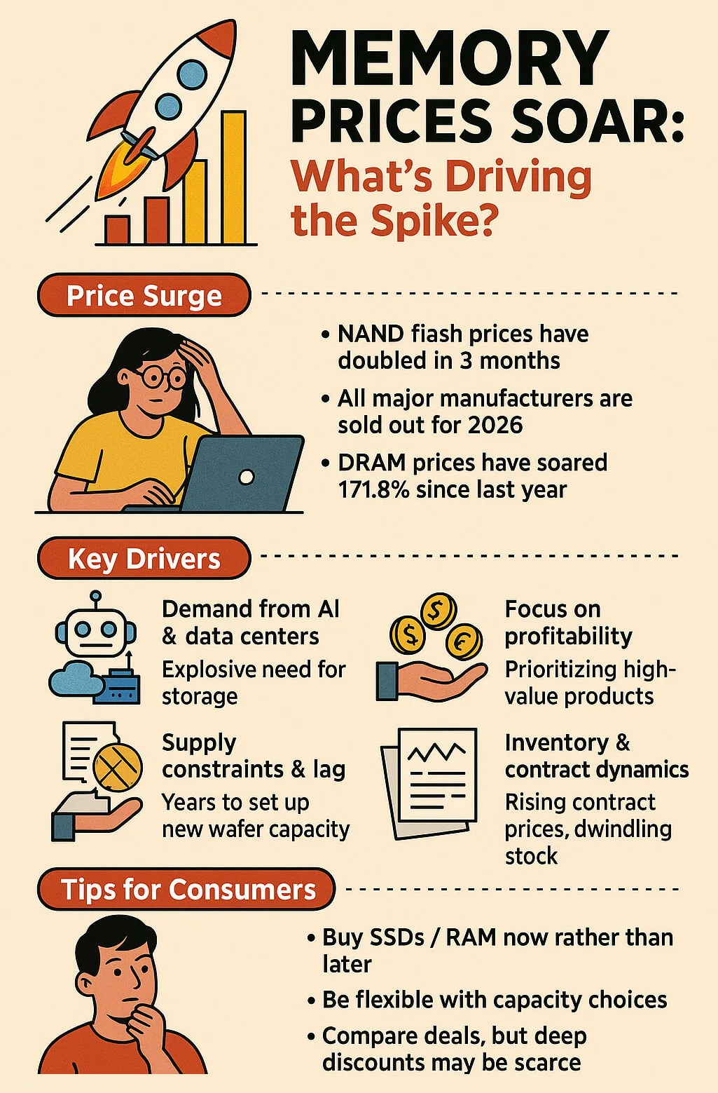 Infographic: memory prices soar. NAND flash doubled in three months and DRAM rose 171.8 percent on AI demand and tight supply