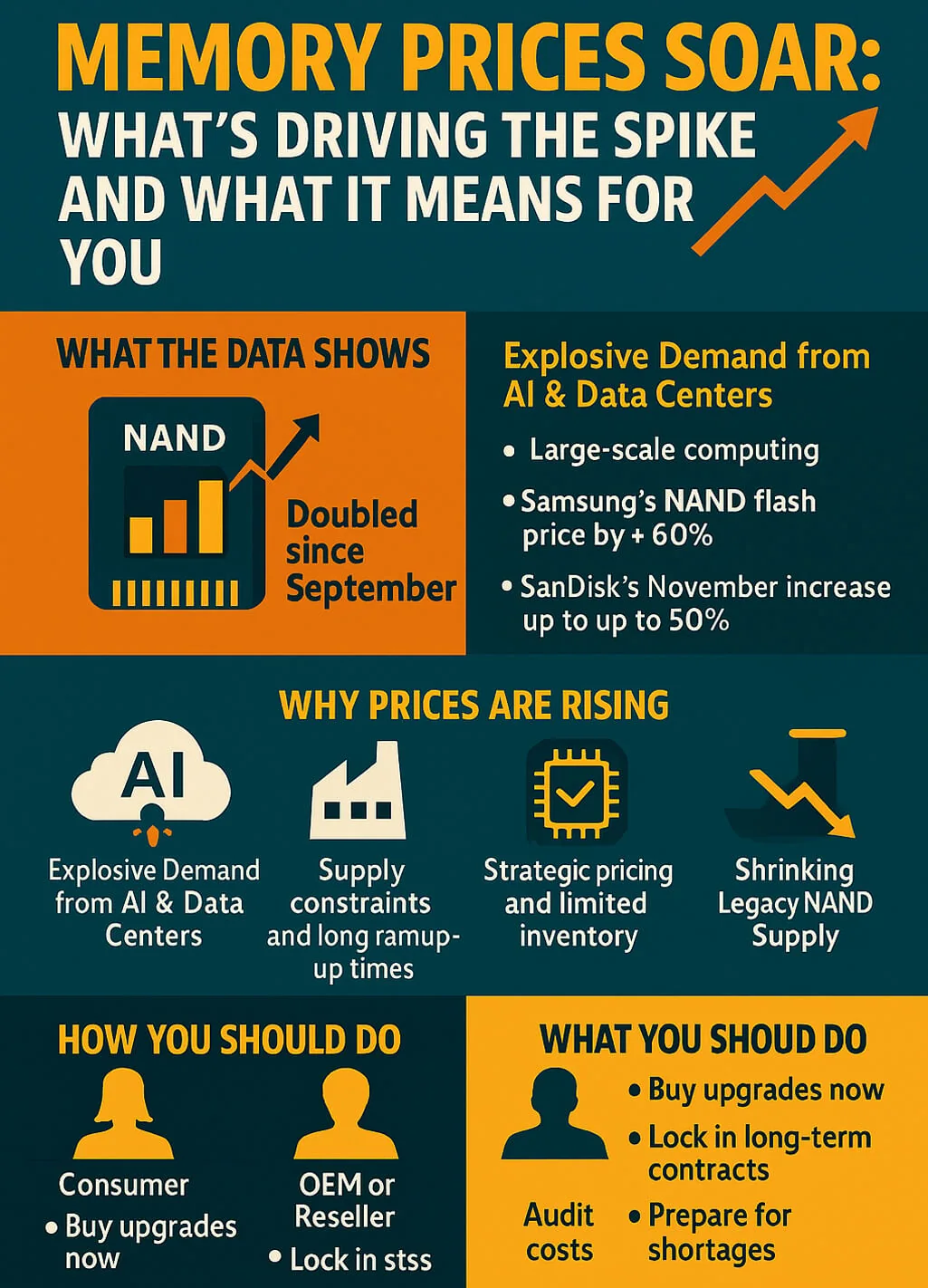 Infographic: memory prices soar and what it means for you. NAND doubled since September; advice is to buy upgrades now