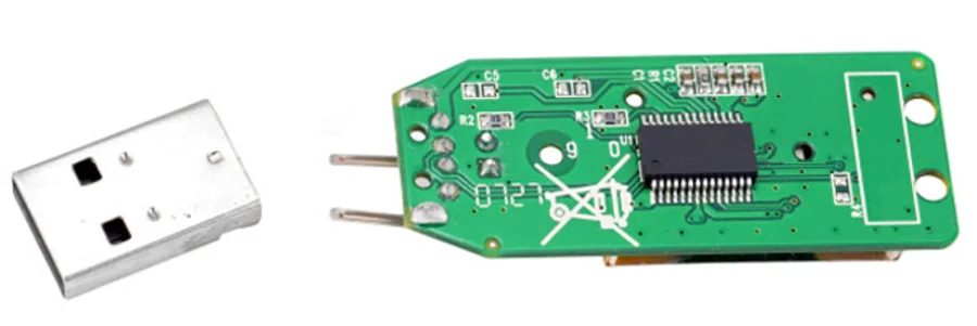 USB Standard-A plug detached from a green flash drive circuit board