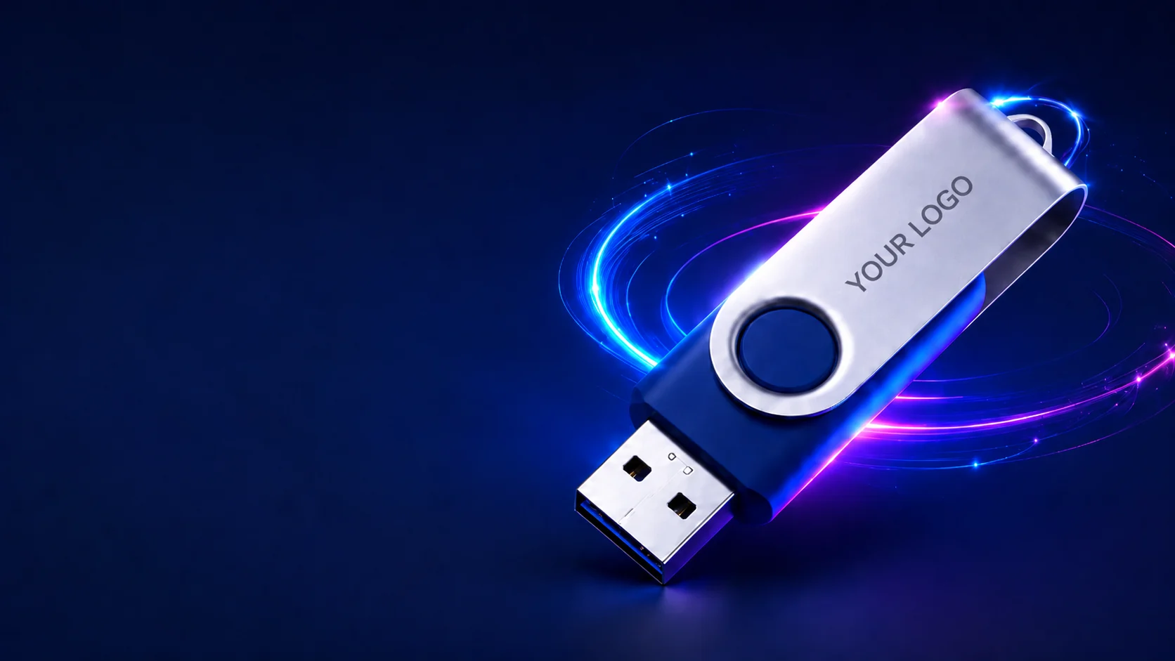 Branded twister USB drive with glowing light trails