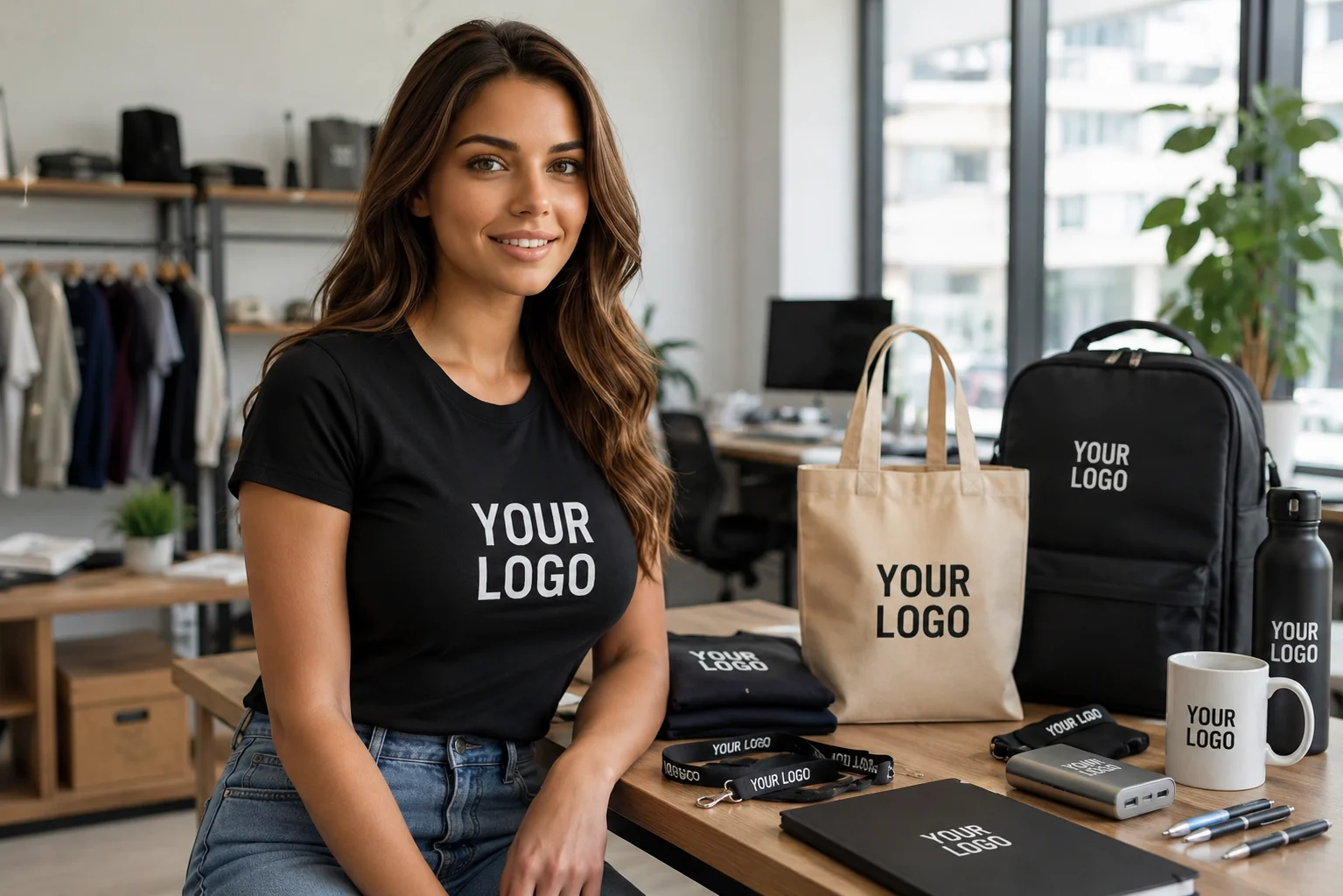 Branded merchandise printed with your logo: t-shirt, tote bag, backpack, bottle, mug, power bank, notebook and pens