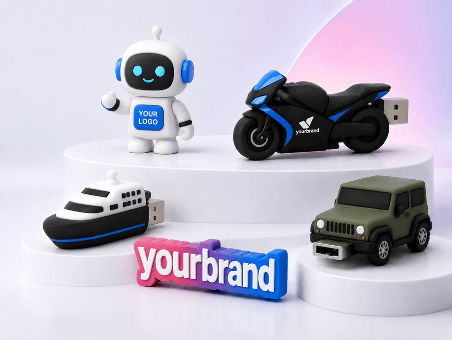 Custom shaped USB drives - robot, motorbike, boat, jeep and 3D text