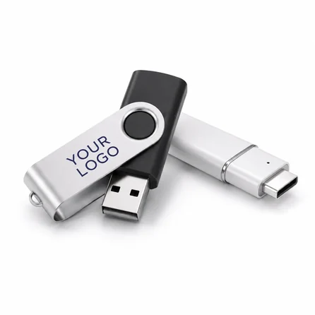 Twister USB stick printed with a Your Logo placeholder beside a plain white drive, showing logo branding