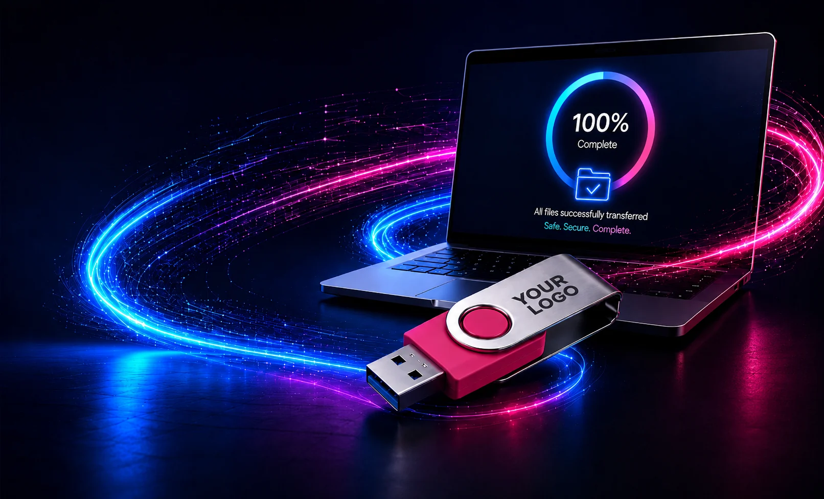 Branded twister USB drive beside a laptop showing a completed data transfer
