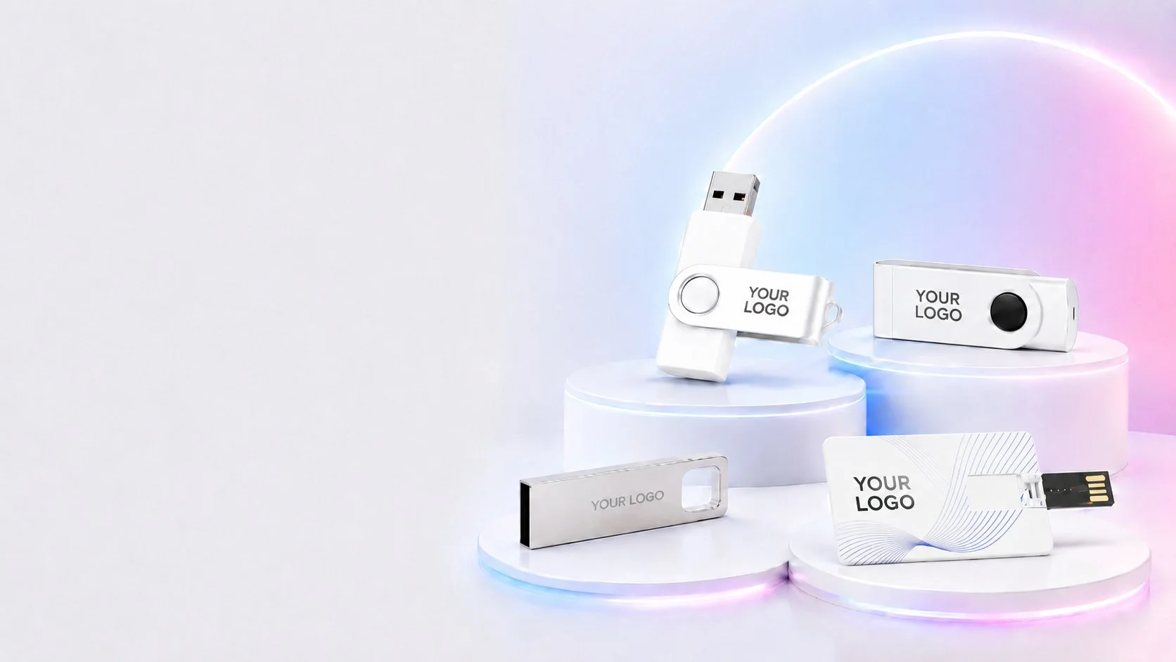 Express branded USB flash drives in swivel, metal and card styles on lit podiums