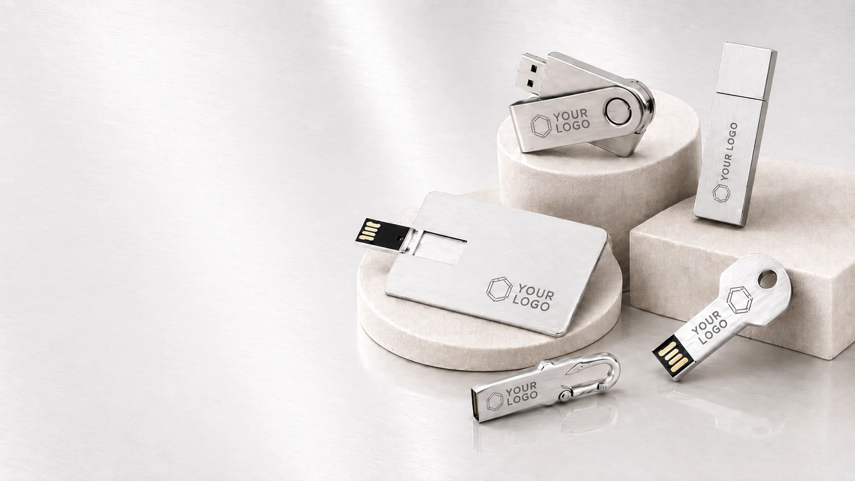 Brushed metal branded USB sticks in swivel, card, key and capless styles