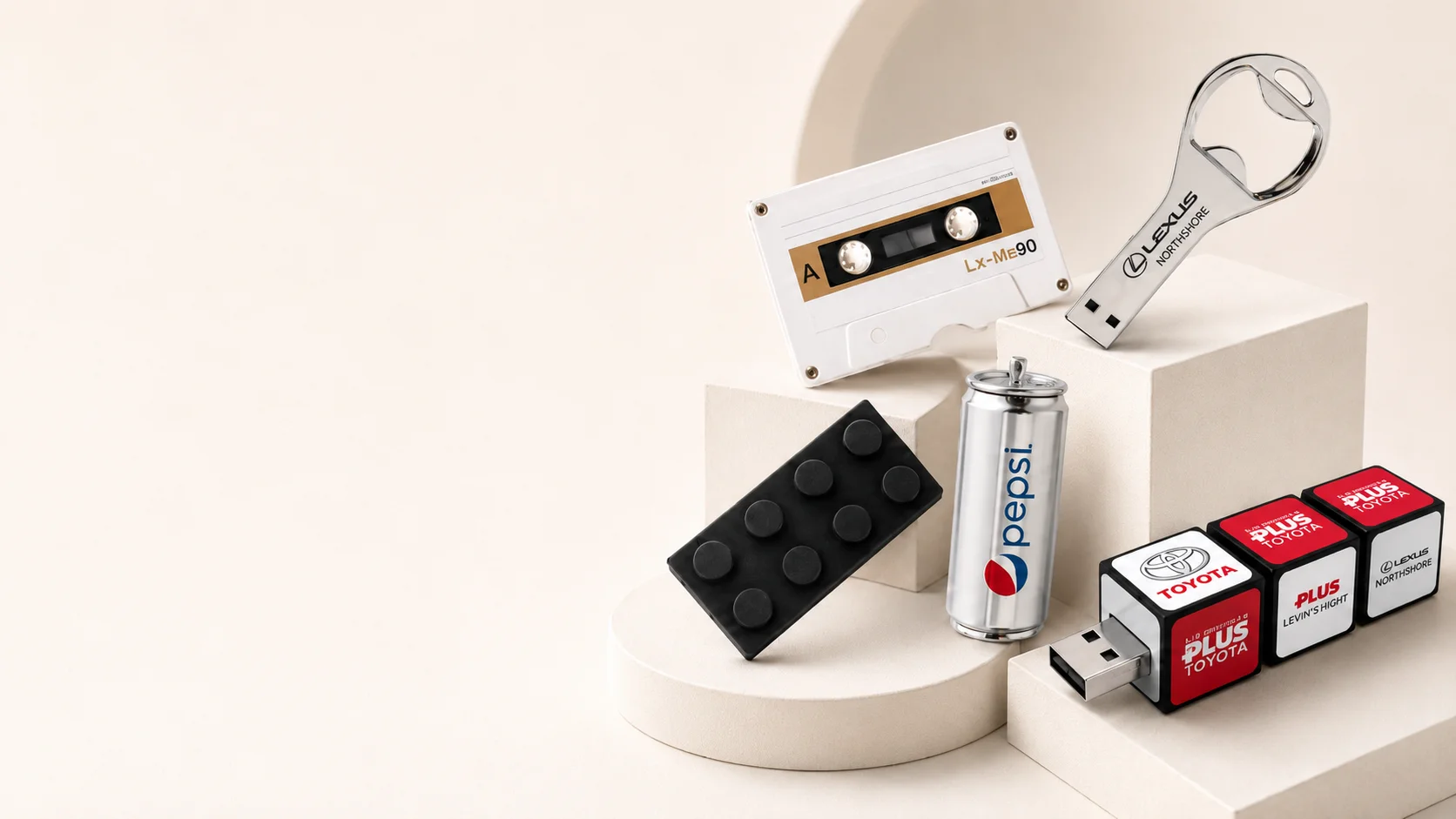 Novelty branded USB sticks including cassette, bottle opener, brick, can and cube shapes