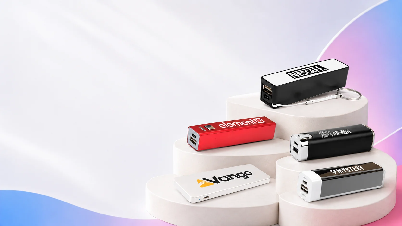 Branded power banks with full-colour print on stone plinths