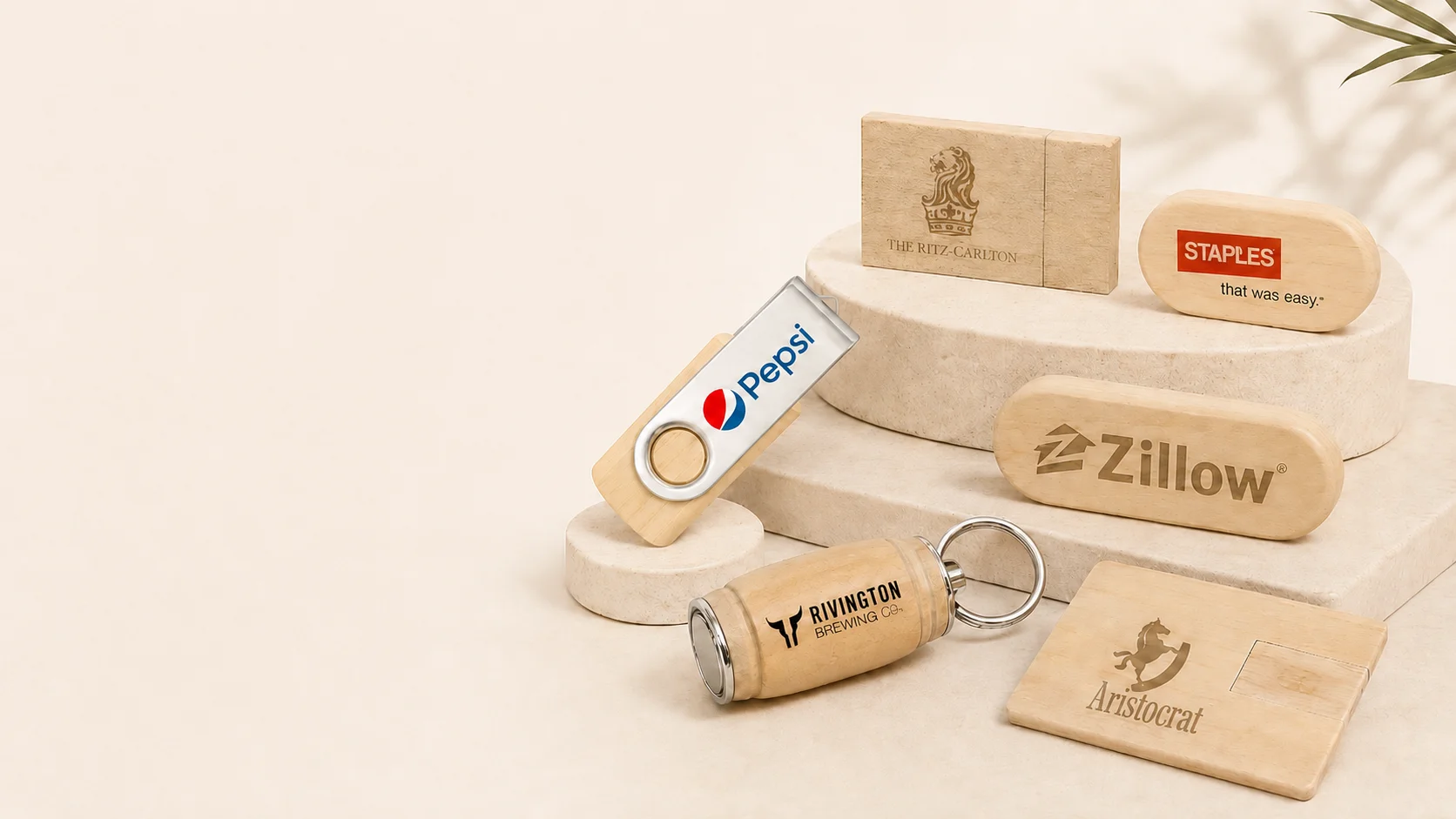 Branded wooden USB drives with laser-engraved logos on stone plinths