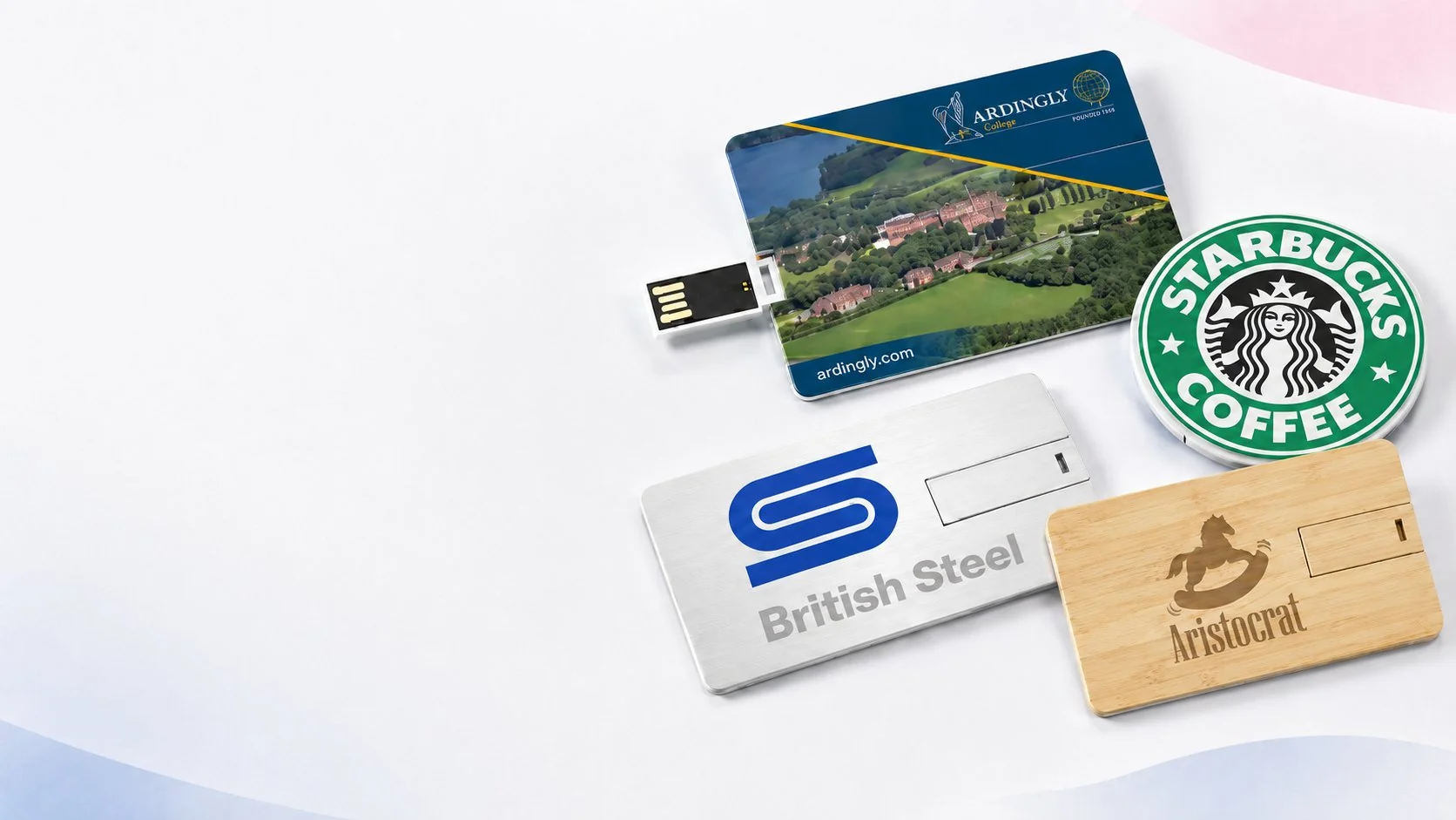 Credit card USB drives: photo card, brushed metal and wooden card styles printed with client logos