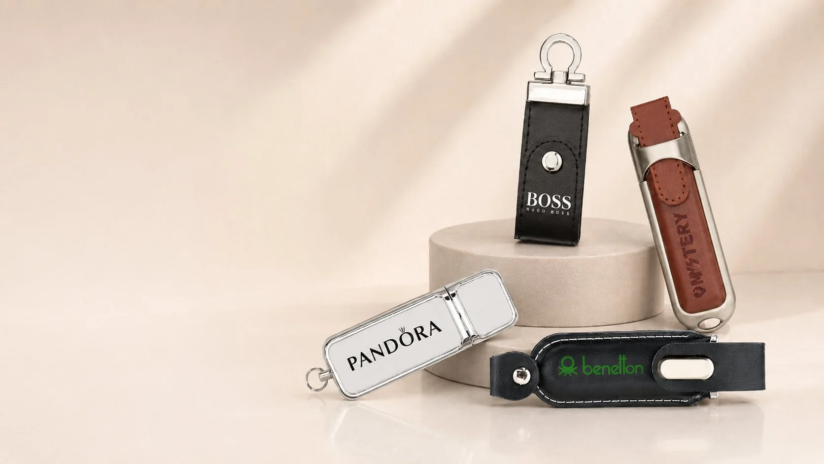 Leather USB sticks - Hugo Boss, Mystery brown leather, Pandora and Benetton branded leather USB drives